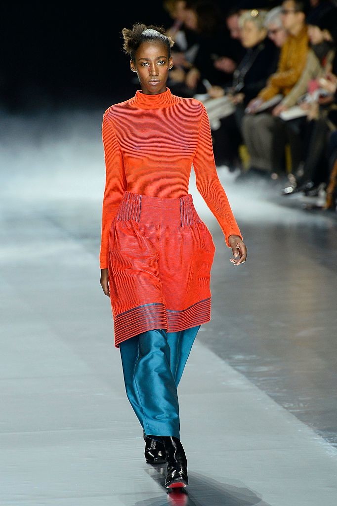 A model presents a creation for Issey Miyake during the 2016-2017 fall/winter ready-to-wear collection on March 4, 2016 in Paris.  AFP PHOTO / BERTRAND GUAY / AFP / BERTRAND GUAY        (Photo credit should read BERTRAND GUAY/AFP/Getty Images)